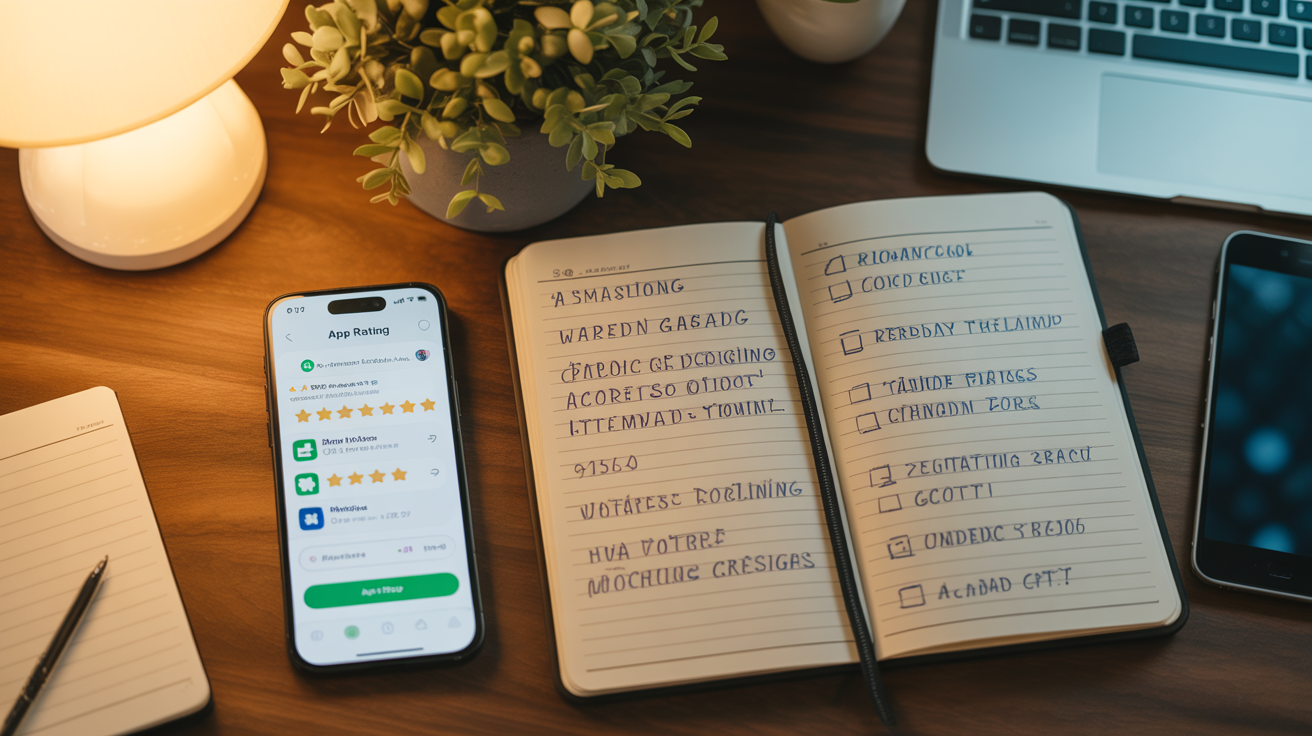 Smartfon pokazujący interfejs oceny App Store obok notek marketingowych – optymalizacja Google Play Store