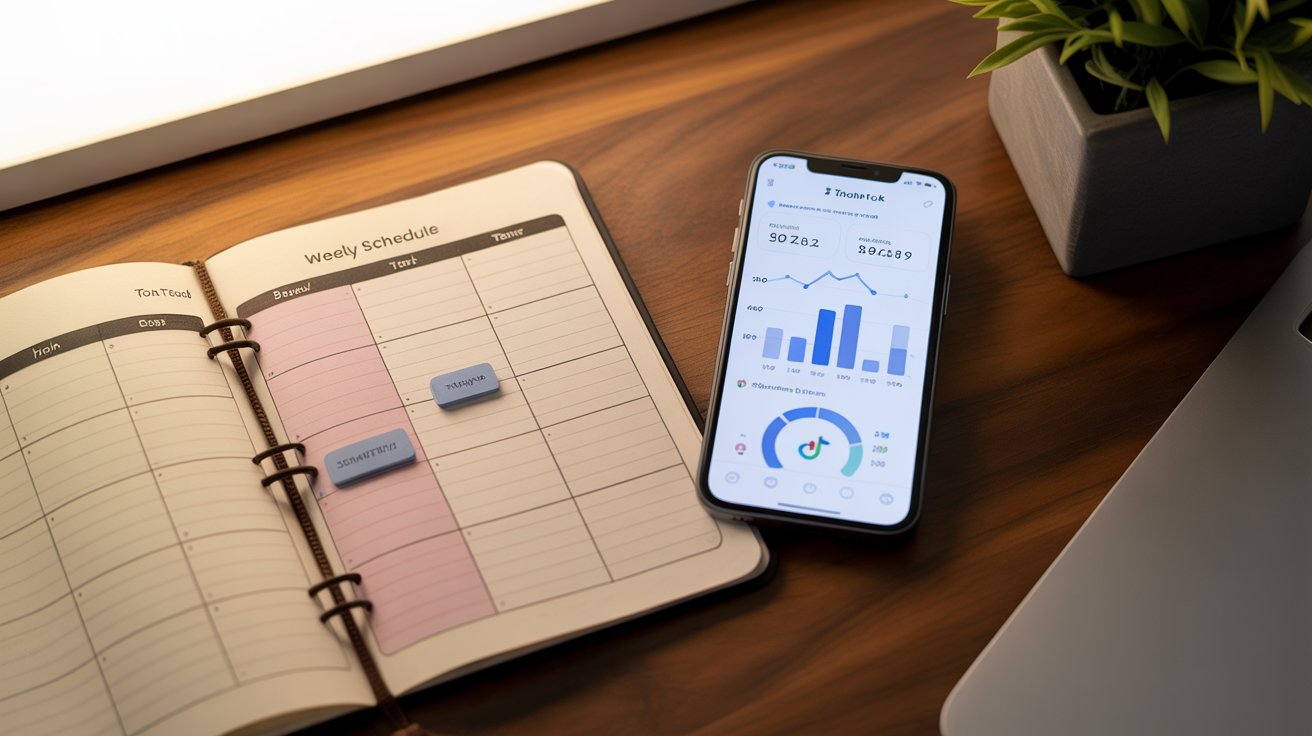 Smartphone con analytics TikTok 2026 e agenda con fasce orarie ottimali per la pubblicazione