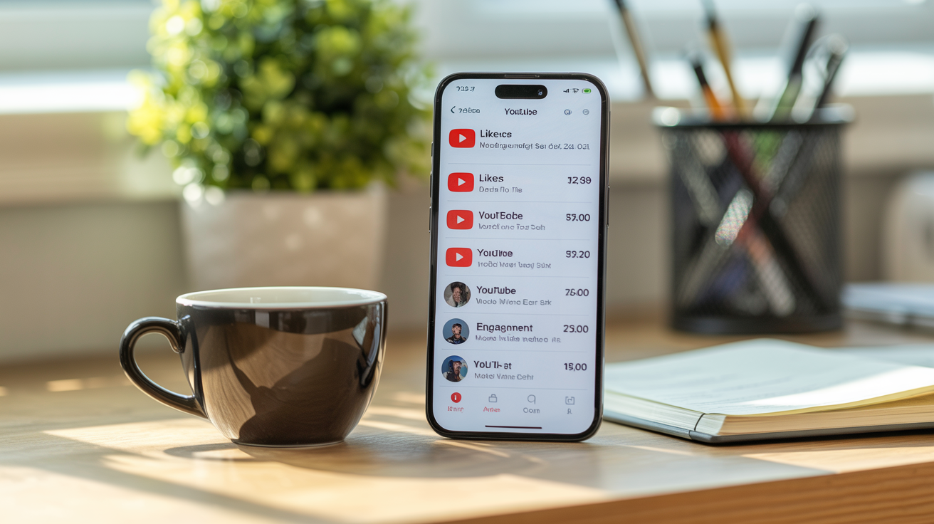 Smartphone che mostra statistiche YouTube like e tasso di engagement su scrivania minimalista in legno