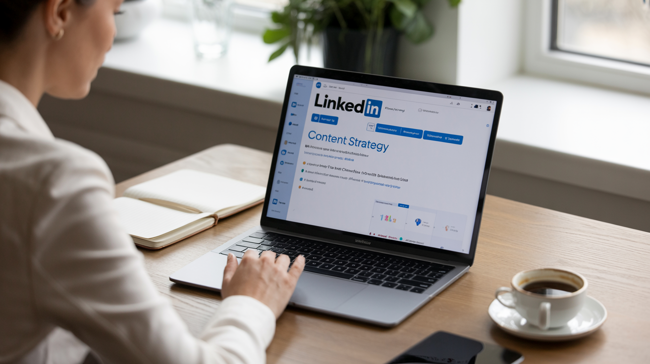 Geschäftsfrau entwickelt ihre LinkedIn-Content-Strategie an einem Laptop in einem modernen Büro