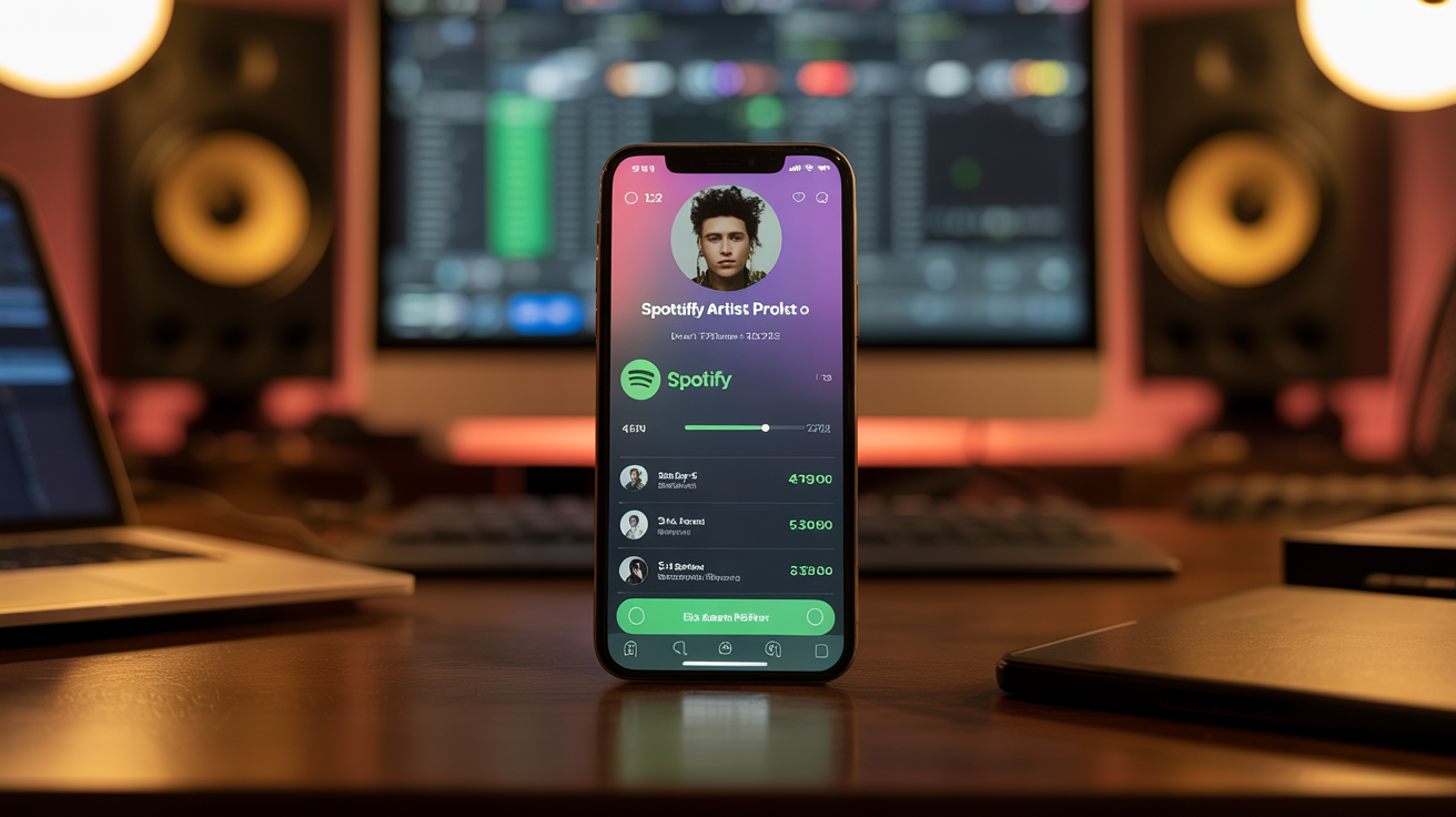 Smartphone con profilo artista Spotify aperto, statistiche ascolti mensili visibili, studio musicale professionale
