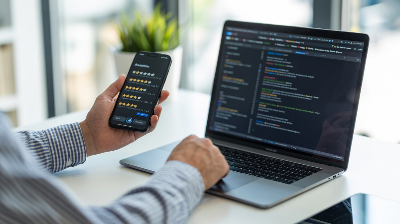 Sviluppatore analizza le recensioni dell'App Store su smartphone e laptop – Ottimizzazione App Store e acquisto di recensioni 2026