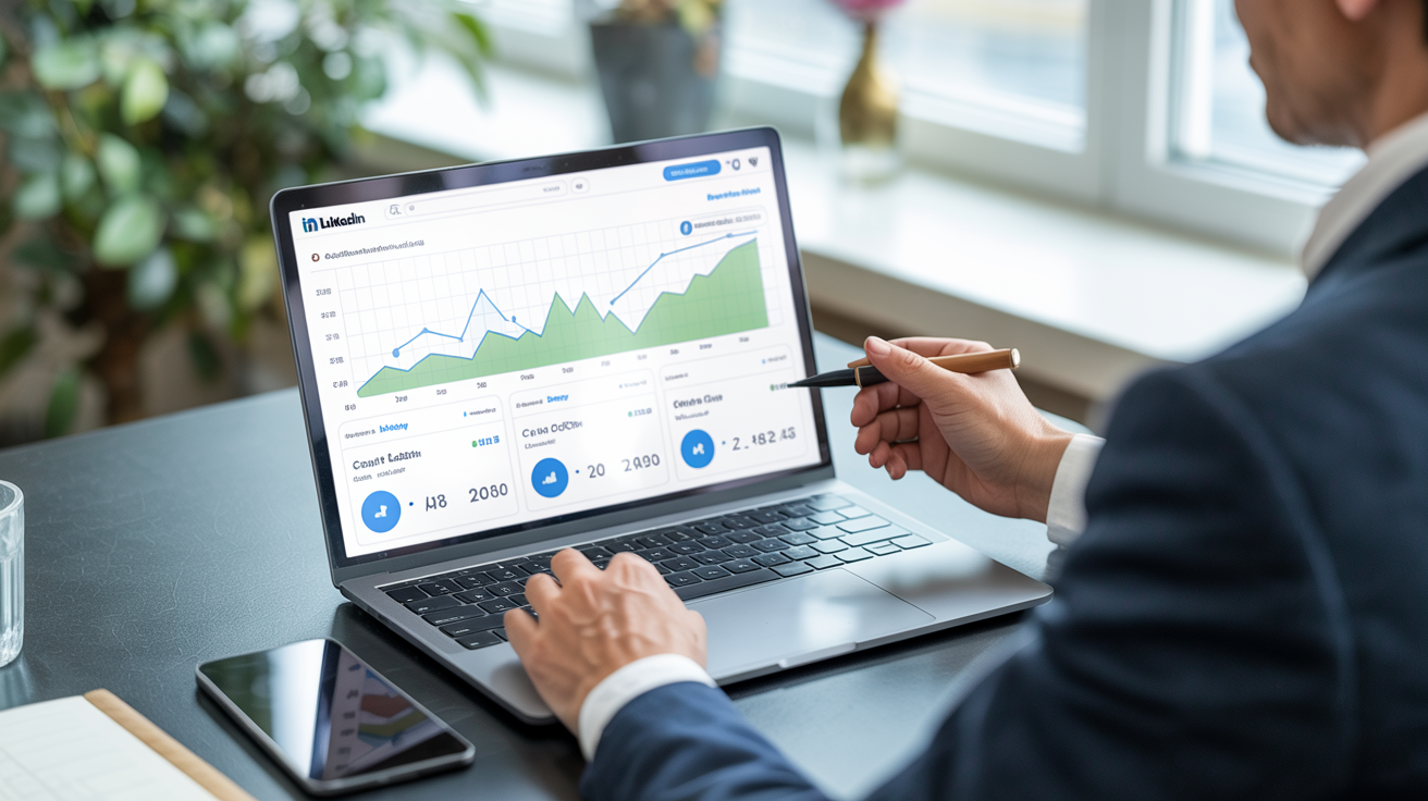 Forretningsprofesjonell analyserer LinkedIn-delingsstatistikk på laptop, strategi for økt innholdsrekkevidde 2026