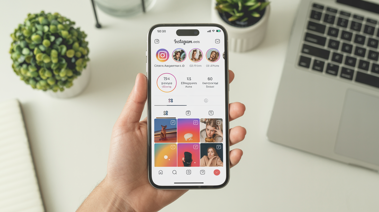 Interface Instagram Reels affichant des statistiques d'engagement élevées sur smartphone, espace de travail professionnel