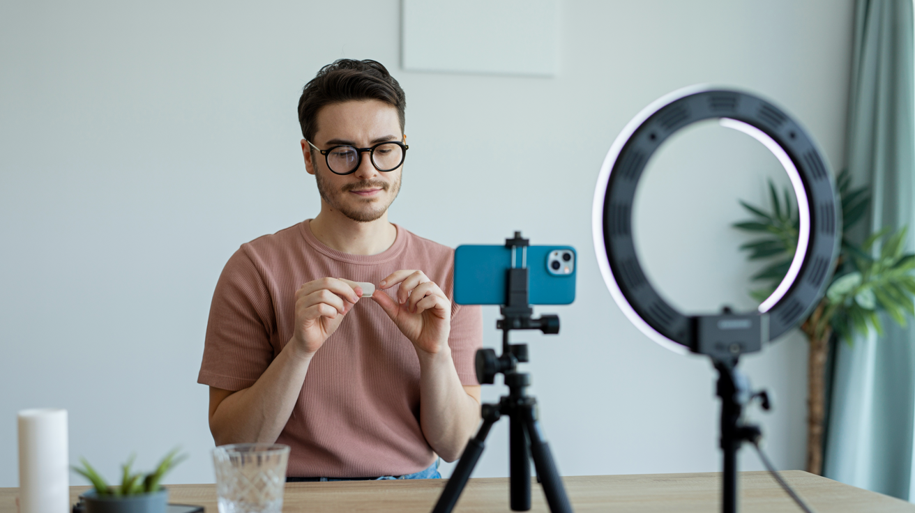 Creator che riprende un Reel Instagram in studio con smartphone e treppiede, produzione video social media