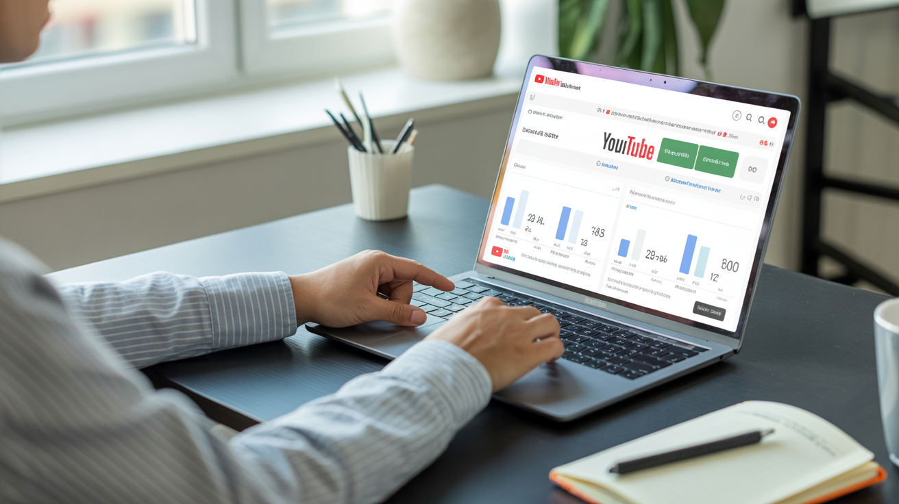 Content creator che esamina statistiche like YouTube e analitiche engagement su laptop, strategia crescita social media 2026