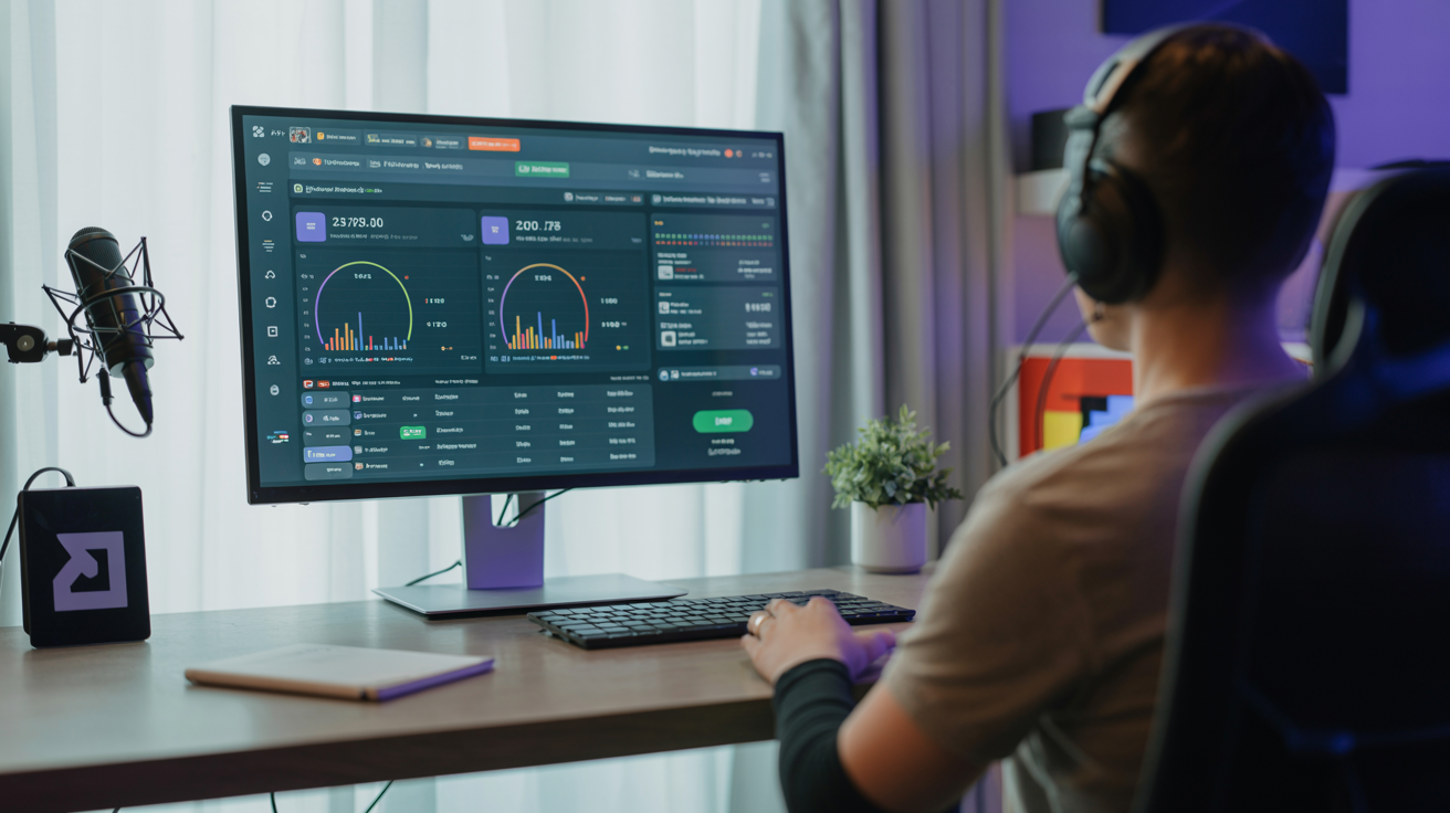 Illustration d'un streamer consultant un tableau de bord de performances Twitch sur un écran