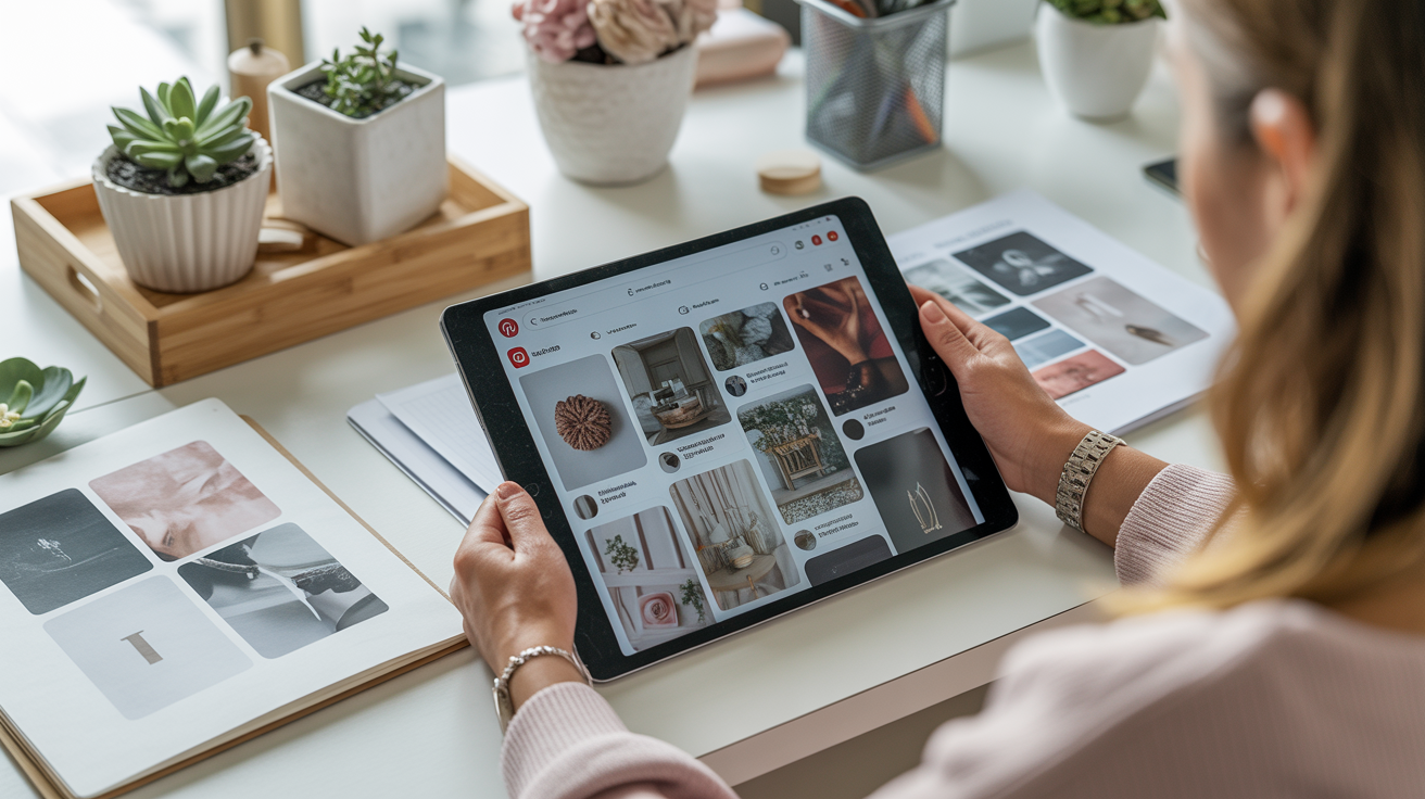 Créatrice de contenu organisant ses tableaux Pinterest sur une tablette dans un espace de travail lumineux et moderne