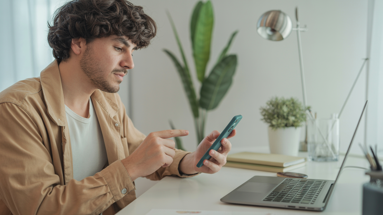 Creator che analizza gli orari di pubblicazione TikTok 2026 sullo smartphone, scrivania moderna con luce naturale