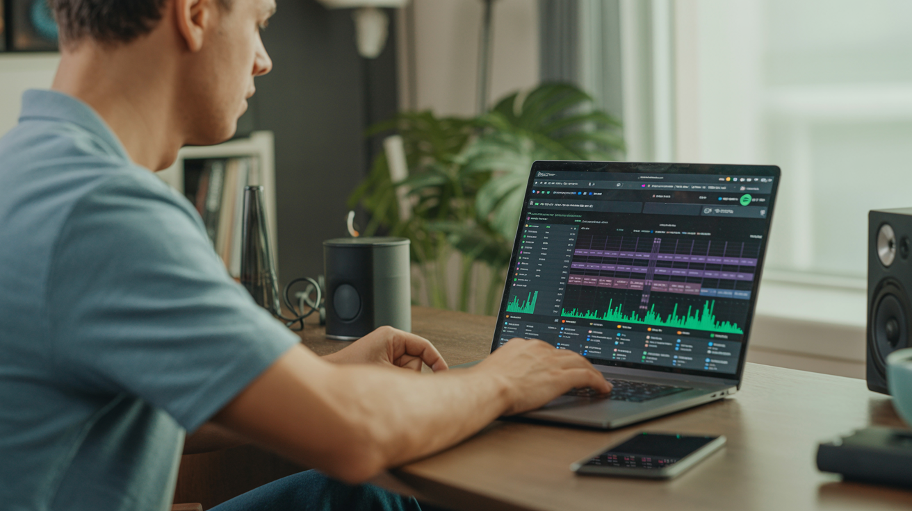 Müzik prodüktörü, profesyonel stüdyoda dizüstü bilgisayarda Spotify dinleyici istatistiklerini kontrol ediyor, streaming analizi 2026