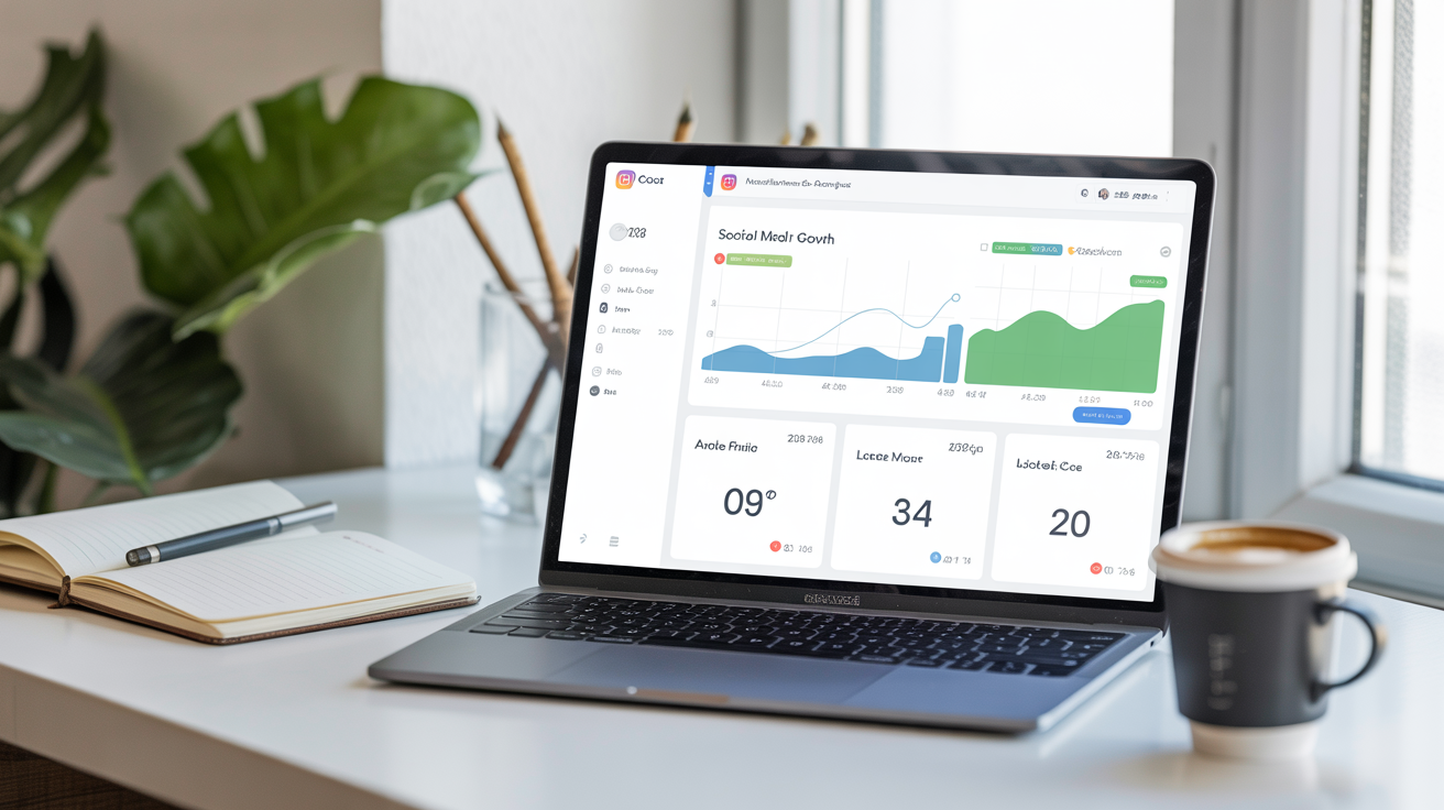 Tableau de bord de croissance Instagram affiché sur un ordinateur portable, espace de travail professionnel, analytics réseaux sociaux