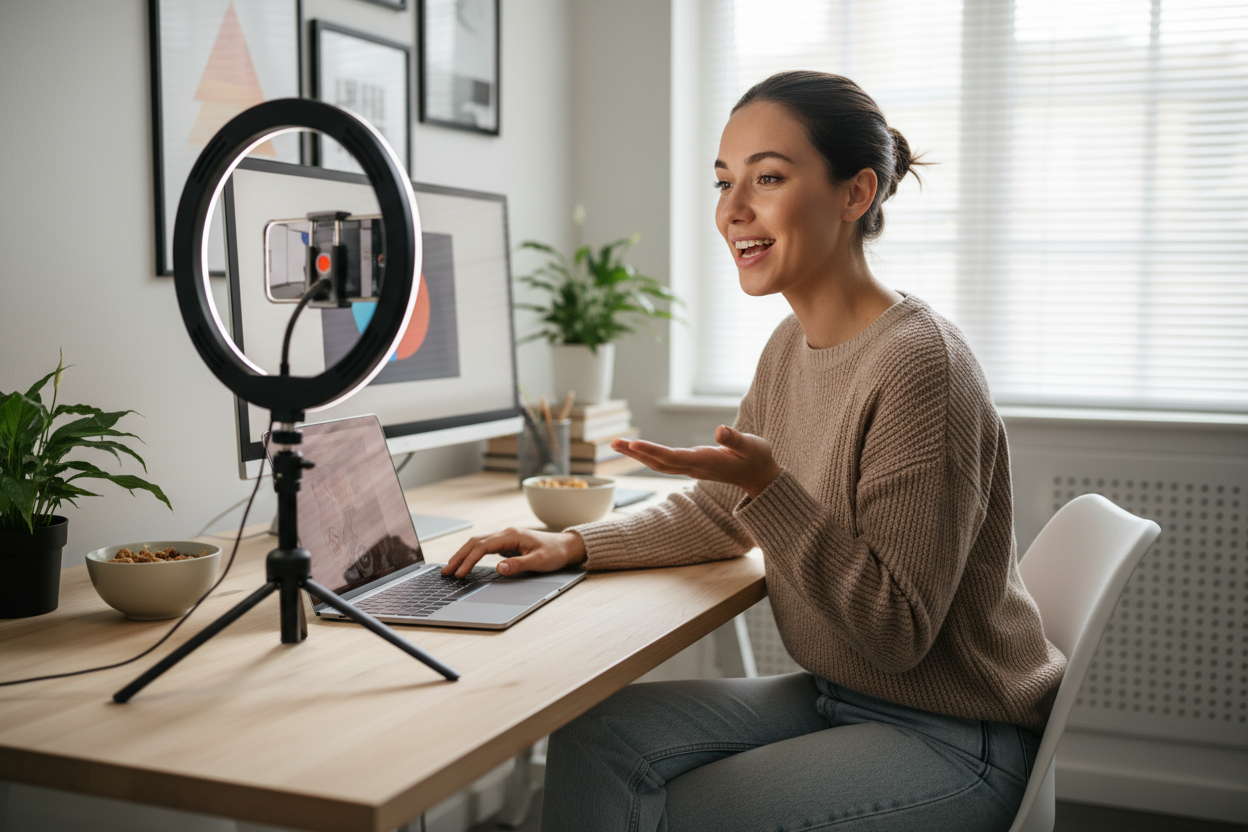 Une personne qui s'enregistre en train de faire un TikTok, à son bureau, téléphone sur trépied, l'air confiant et souriant
