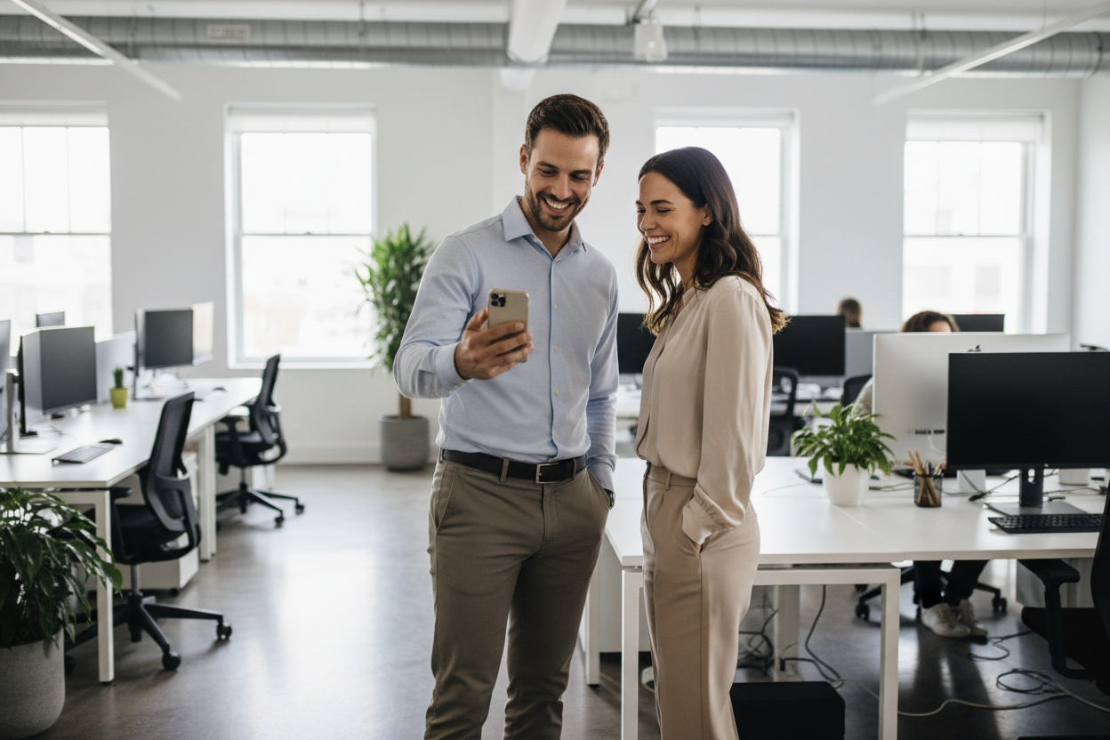 Un homme souriant qui montre son téléphone à sa femme dans un open space