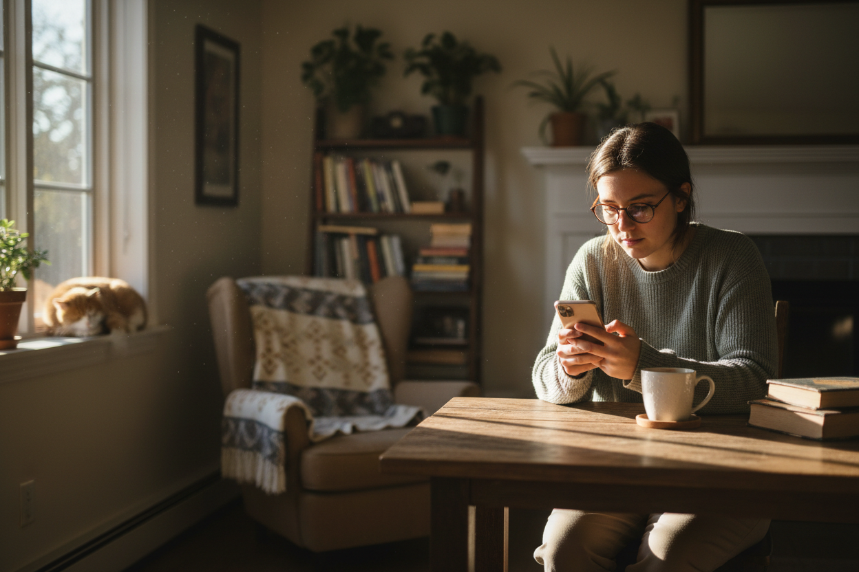 Une personne avec des lunettes qui regarde son téléphone chez elle