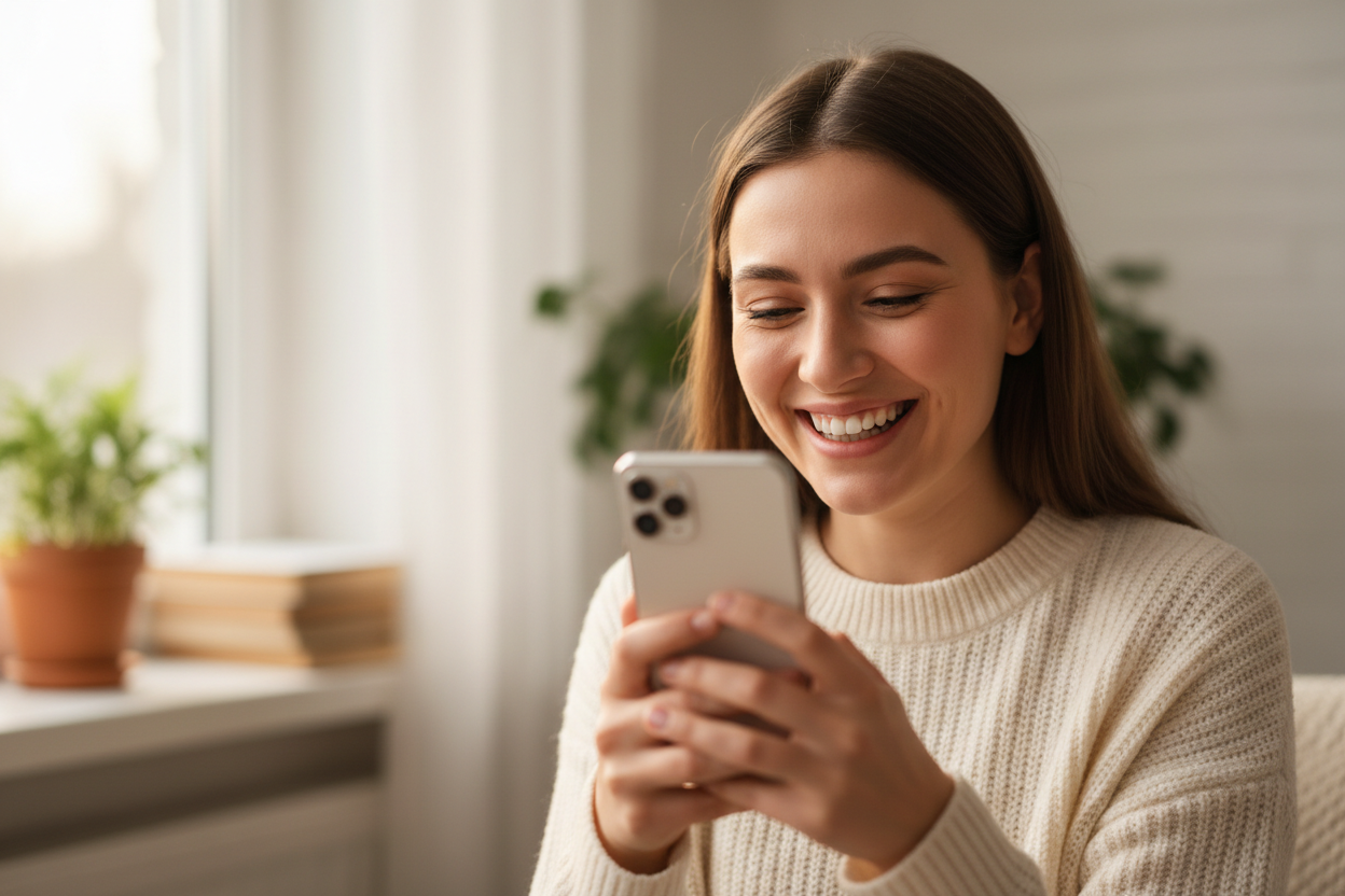 Une personne très heureuse derrière son téléphone