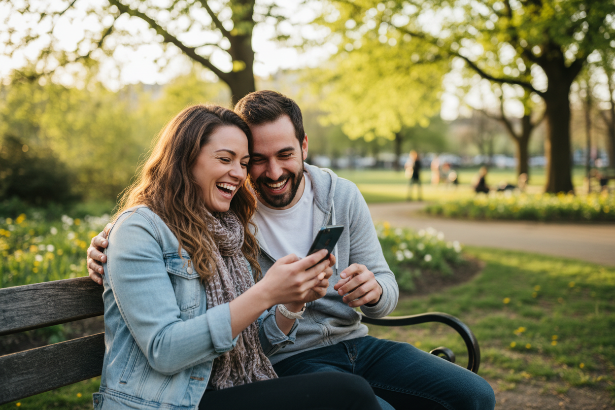 Deux personnes sur un banc dans un parc qui regardent un téléphone ensemble et rigolent