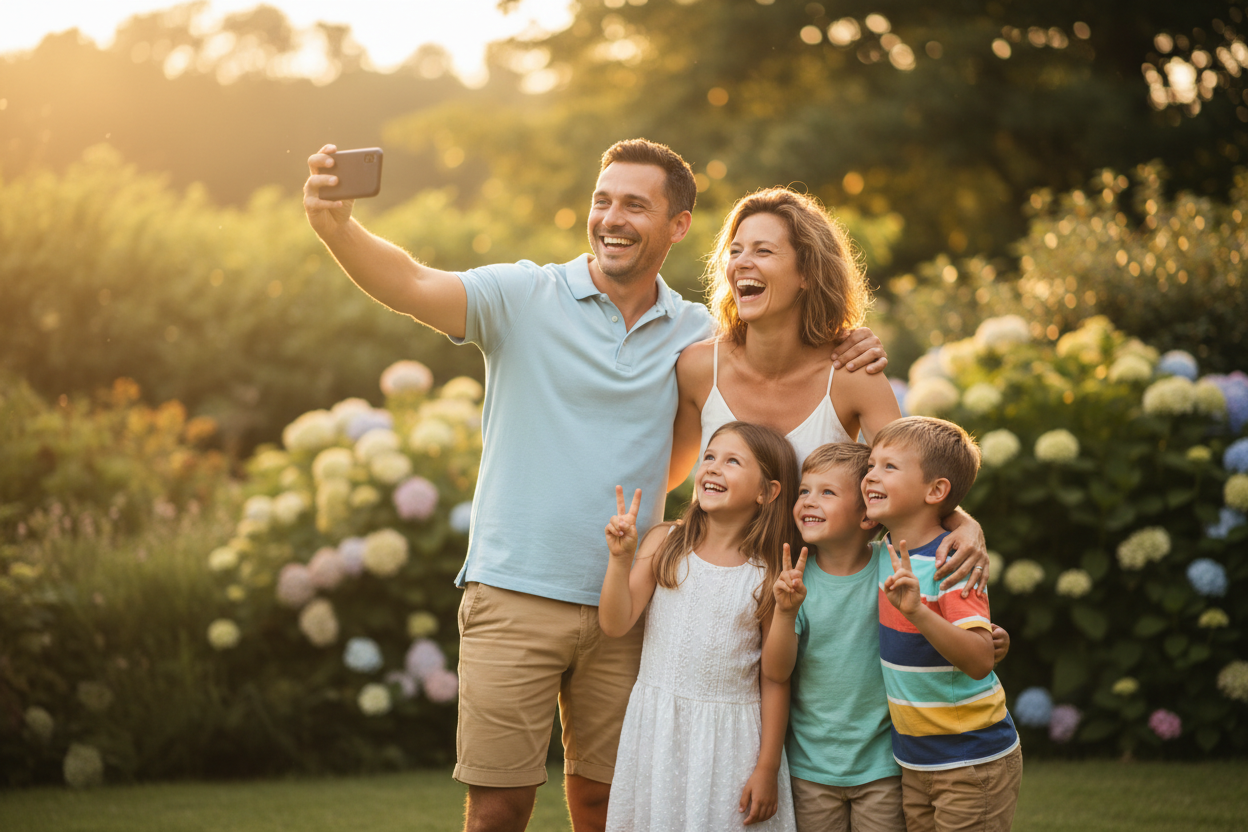 Personne qui prend sa famille en photo avec son téléphone