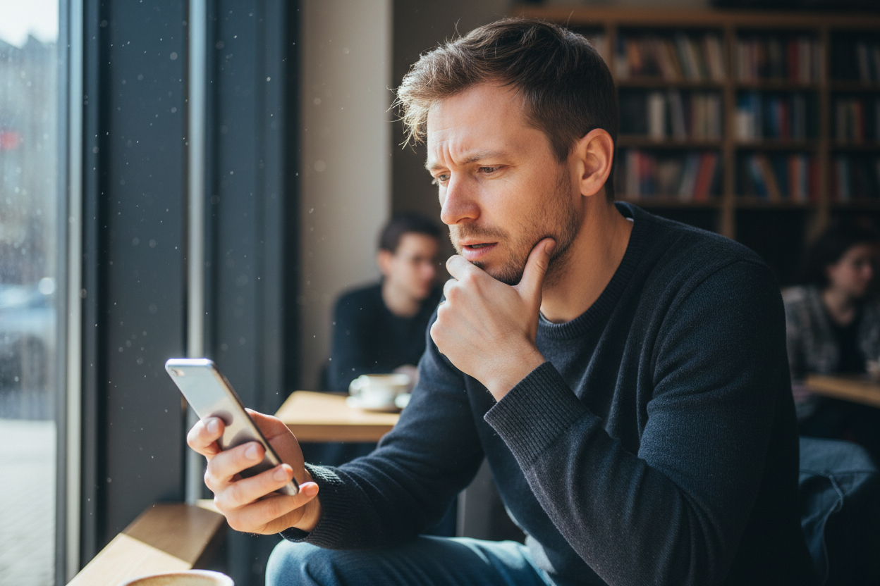 Un homme qui se tient le menton en regardant son téléphone, l'air pensif