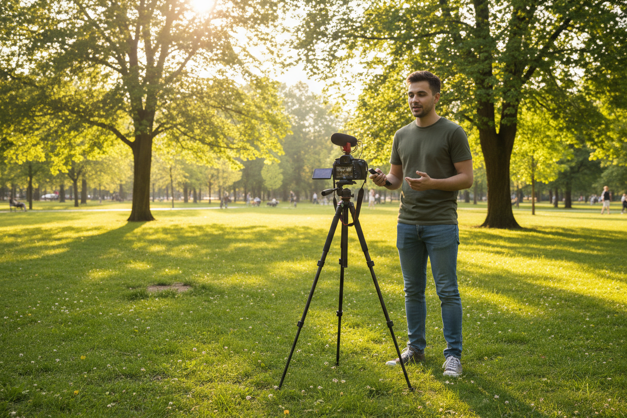 Personne qui se filme avec un trépied dans un parc