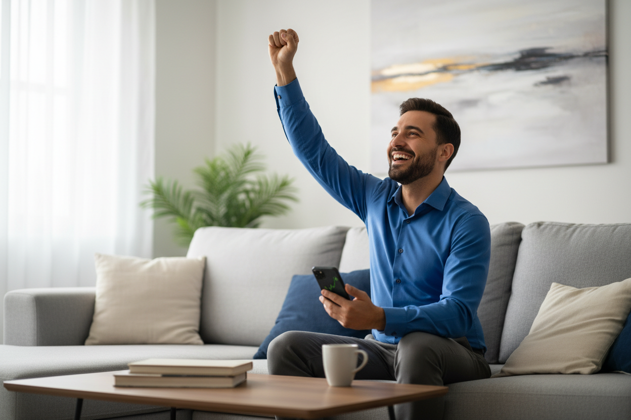Un homme content qui serre le poing en signe de victoire, tenant son téléphone, sur un canapé