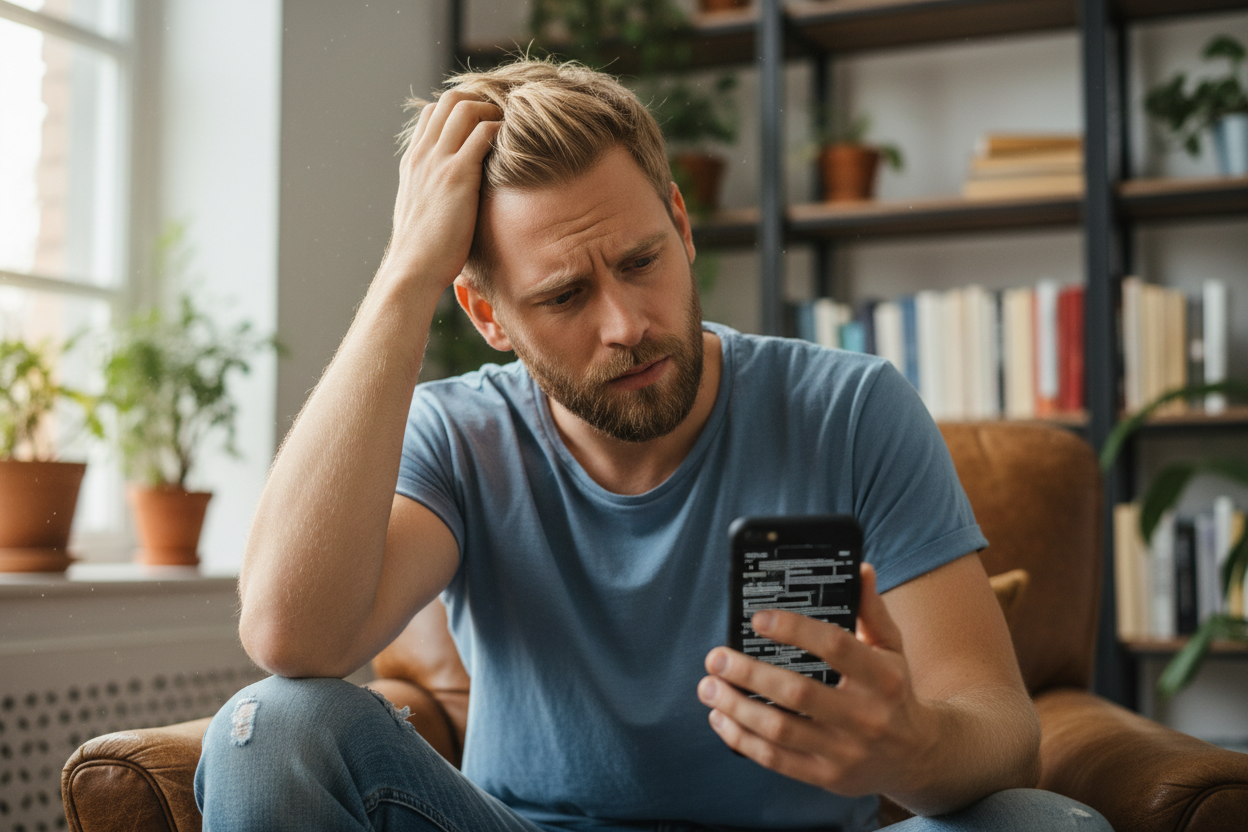 Un homme blond avec une barbe de 3 jours qui se gratte la tête en regardant son téléphone