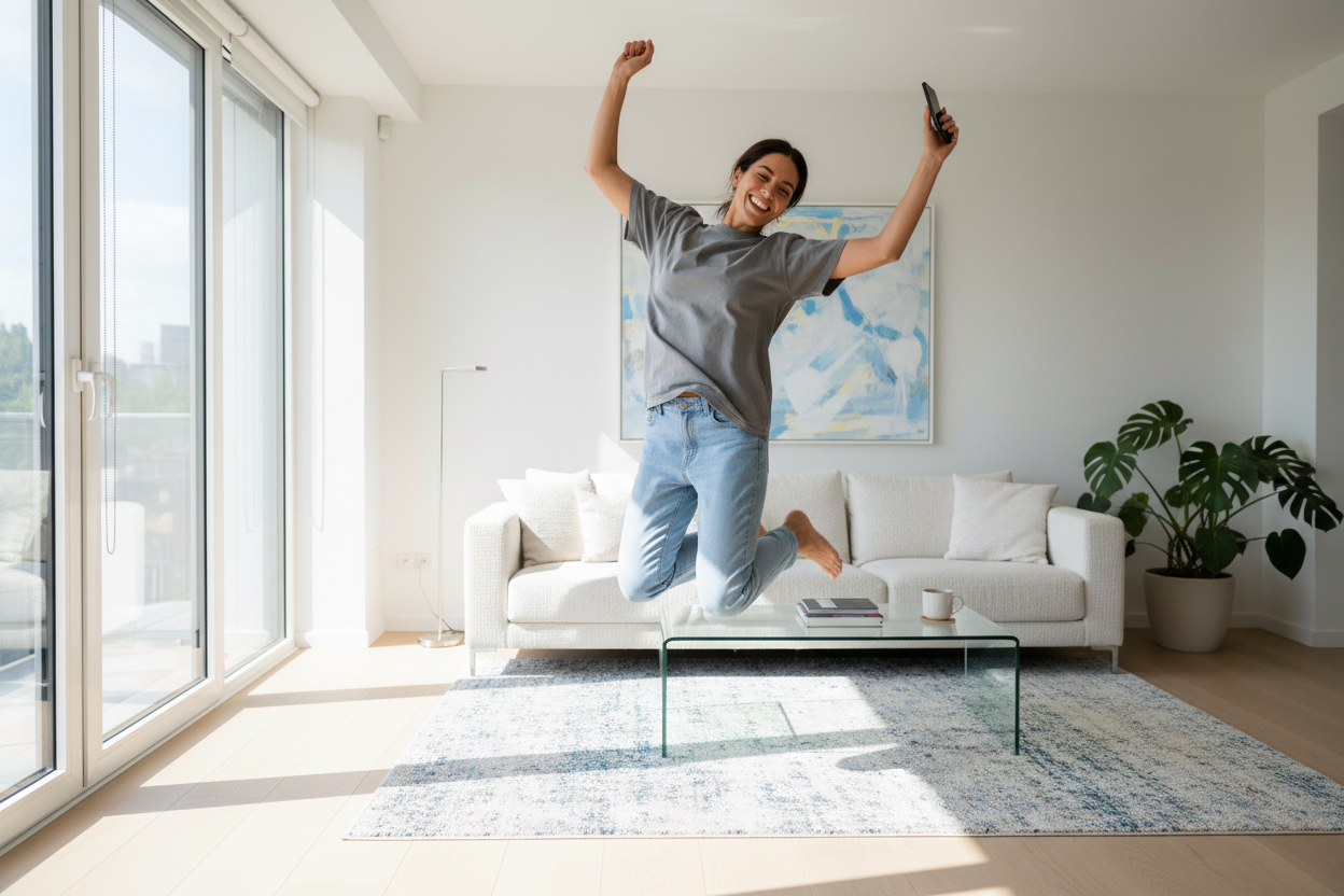 Personne qui saute de joie, téléphone en main, dans son salon