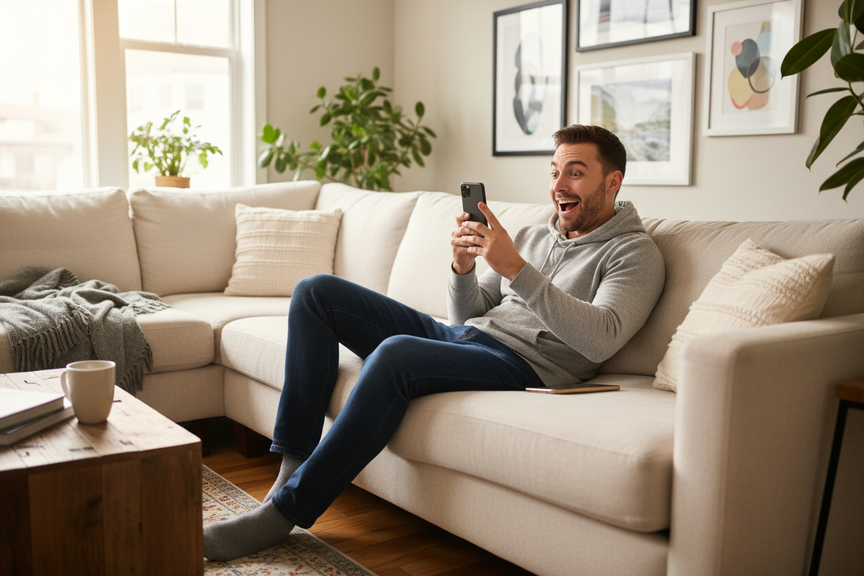 Un homme paraît étonné en regardant son téléphone depuis son canapé, l'air positivement surpris