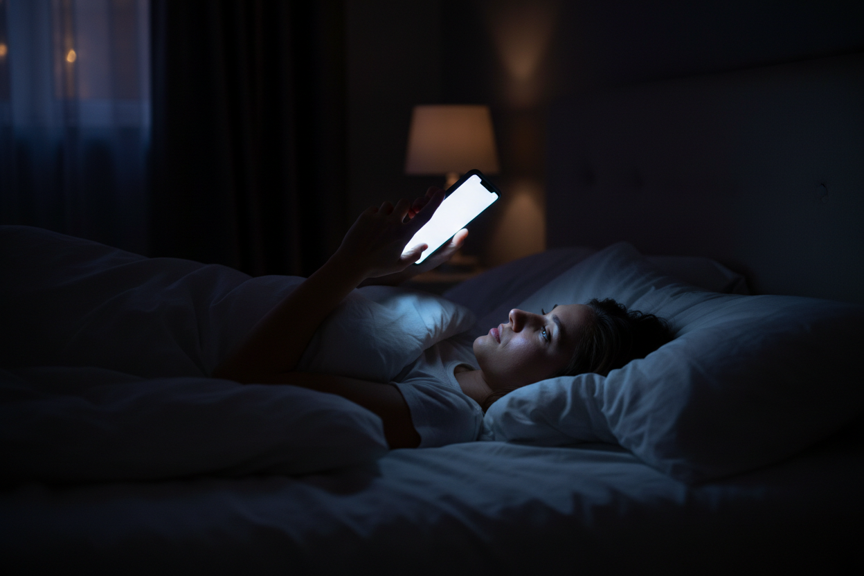 Quelqu'un qui regarde son téléphone le soir dans son lit dans le noir