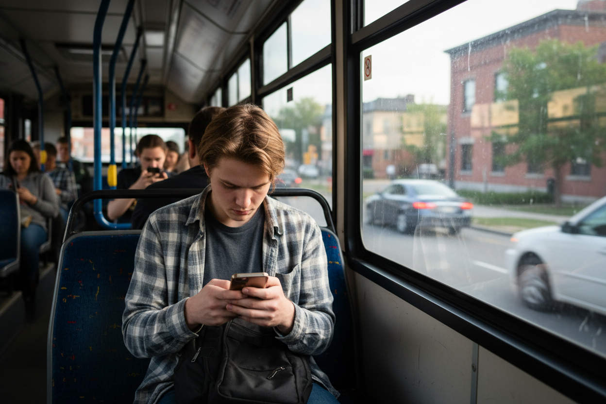 Une personne qui regarde son téléphone dans le bus