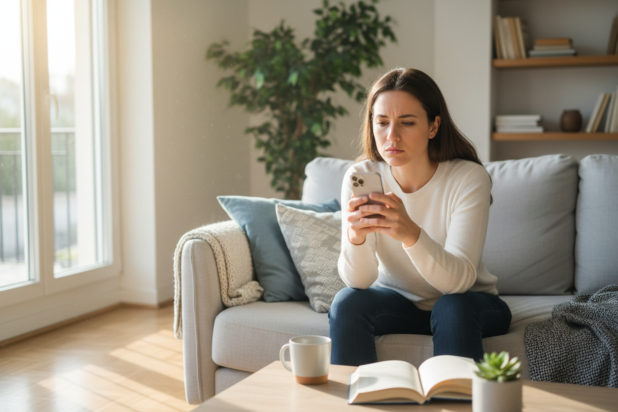 Une femme qui regarde son téléphone, assise sur un canapé, l'air concentré