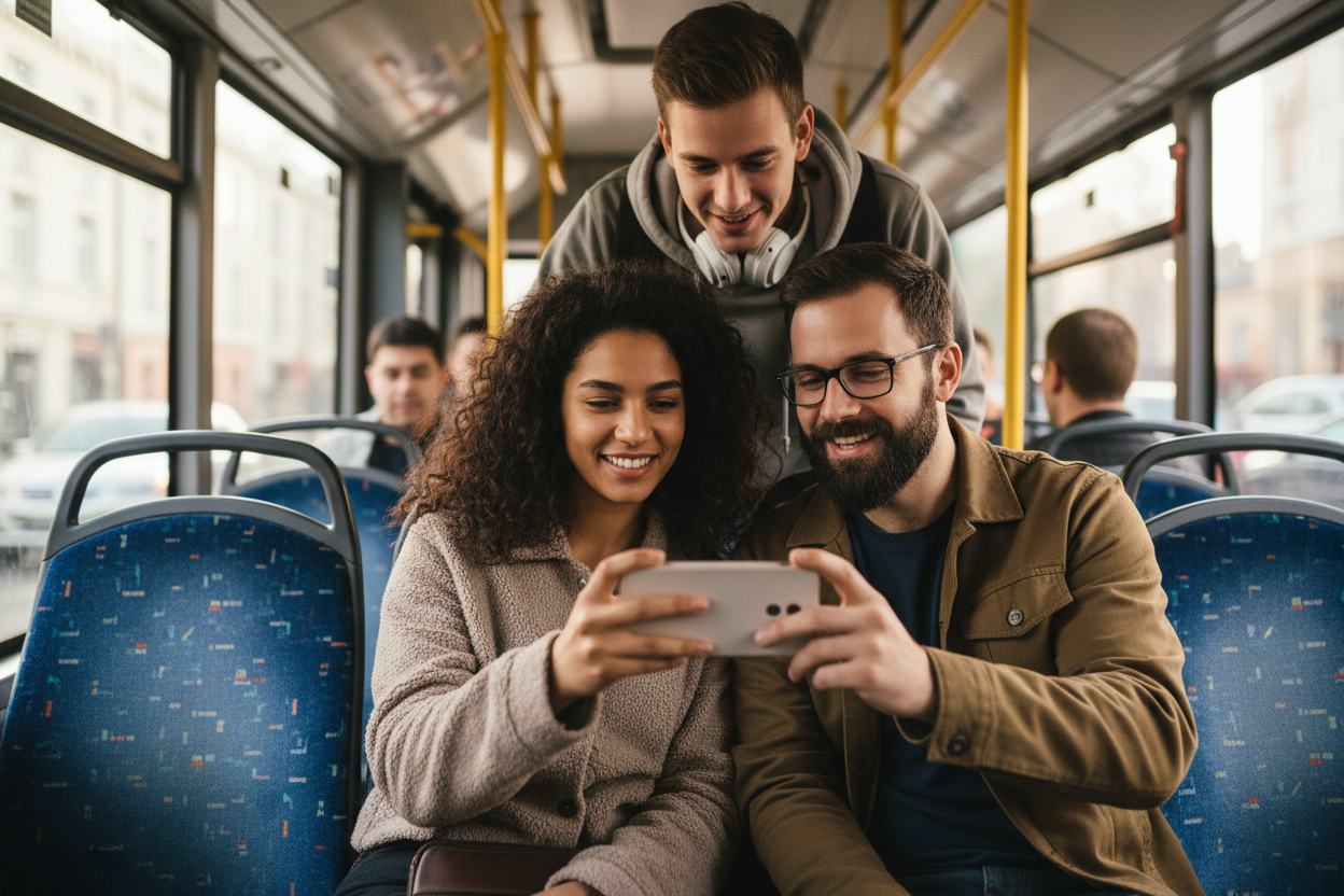 Trois personnes qui regardent le même téléphone dans un bus