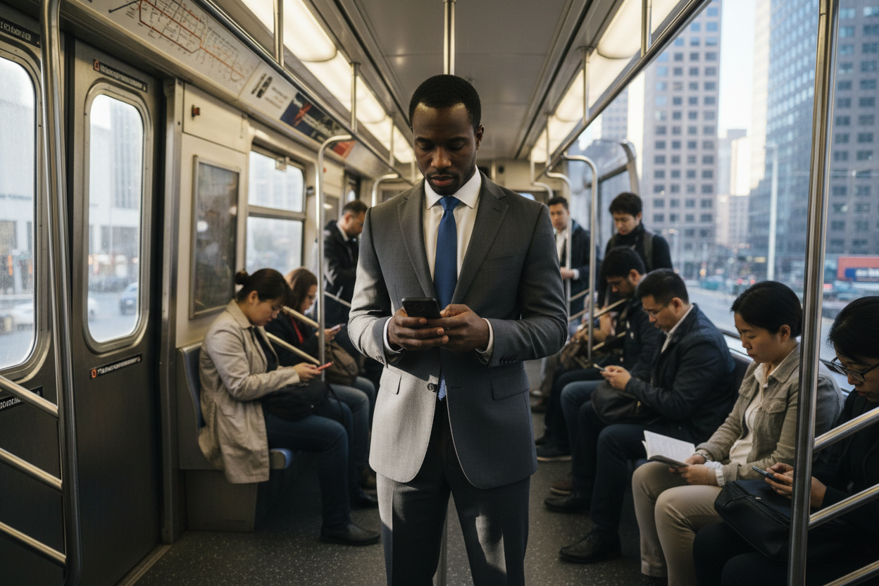 Un homme en costume dans le métro qui regarde son téléphone