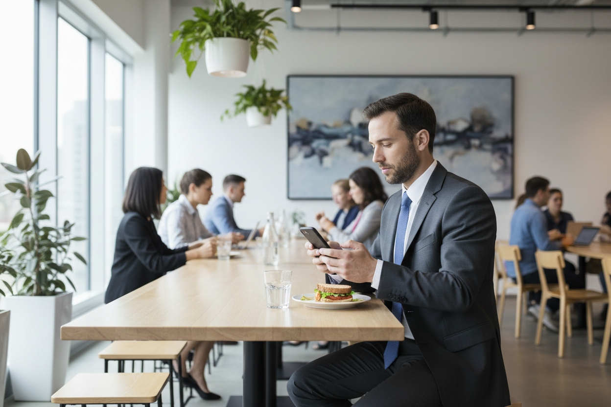 Un homme en costume qui regarde son téléphone pendant la pause de midi au travail