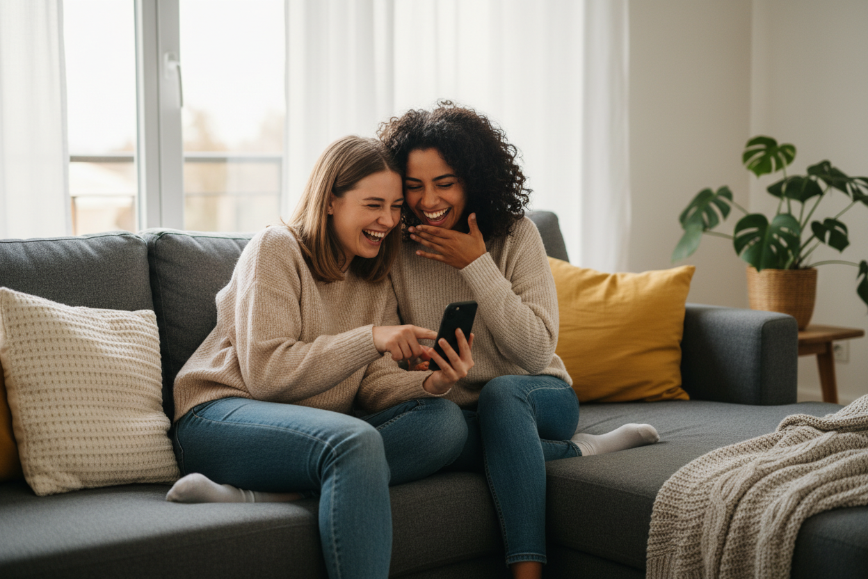 Deux filles sur un canapé qui regardent un téléphone en riant