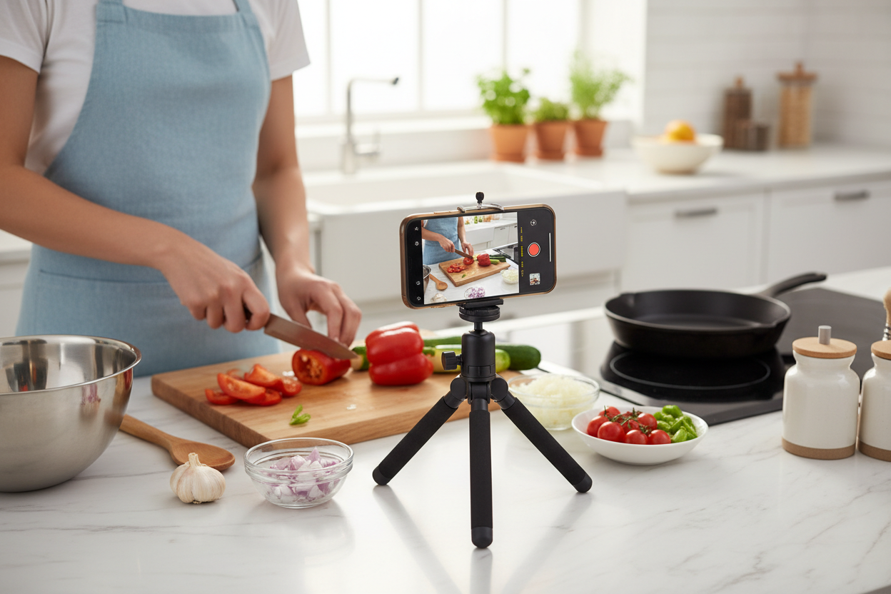 Personne qui filme une recette de cuisine avec un petit trépied