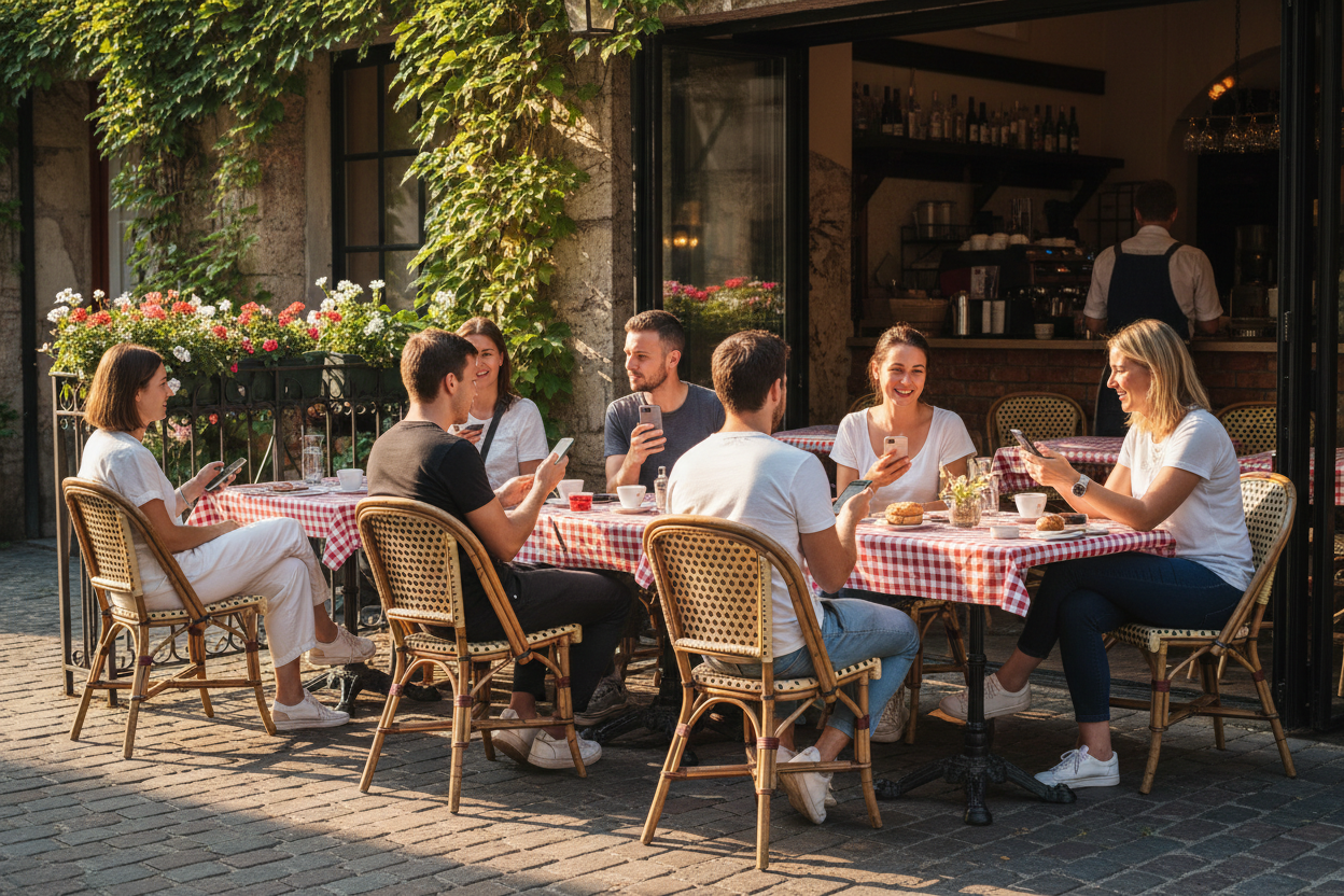 Des personnes qui discutent à la terrasse d'un café, chacun tenant un téléphone dans sa main