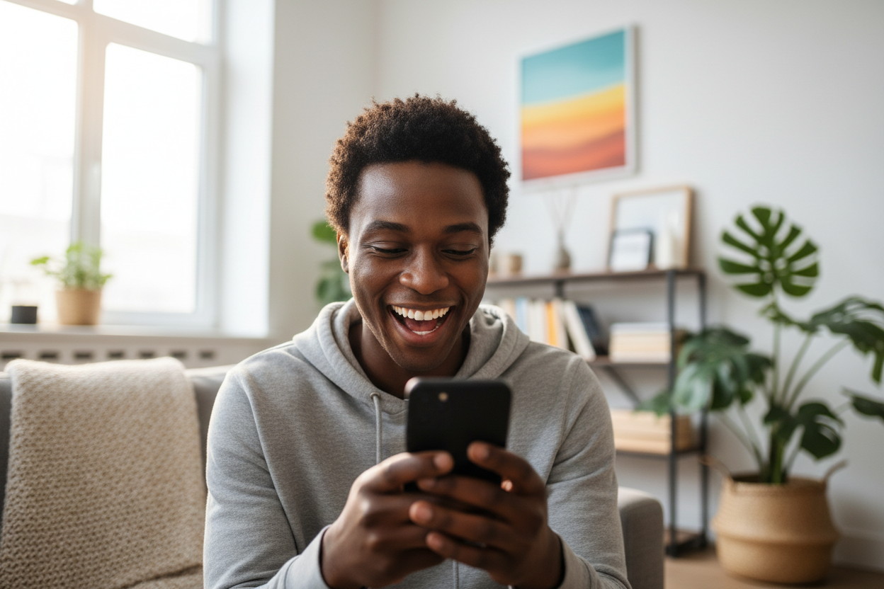 Une personne très souriante devant son téléphone